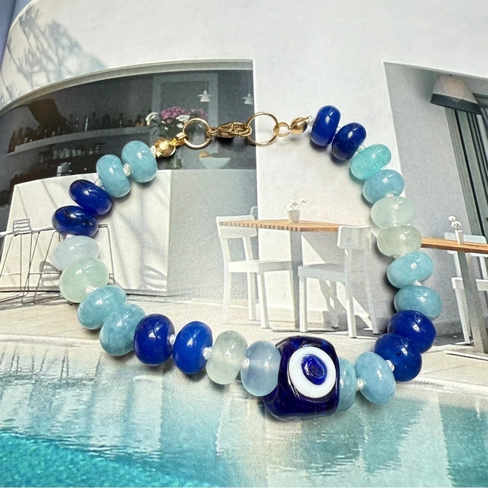 Hand Knotted Blue Evil Eye Jade Beaded Bracelet